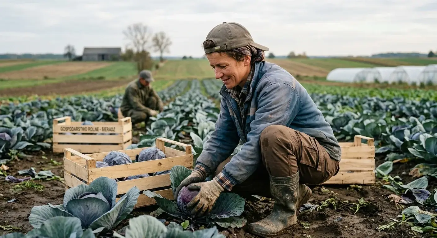 A farm worker in boots and gloves kneeling in a field to pick red cabbages into wooden crates, with a colleague and polytunnels behind.