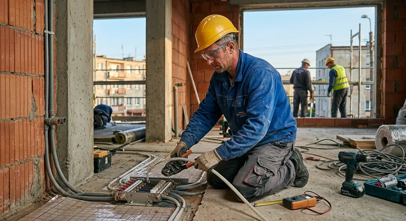 A worker in a hard hat and blue overalls kneeling on a concrete floor to connect underfloor heating pipes to a manifold on a building site.