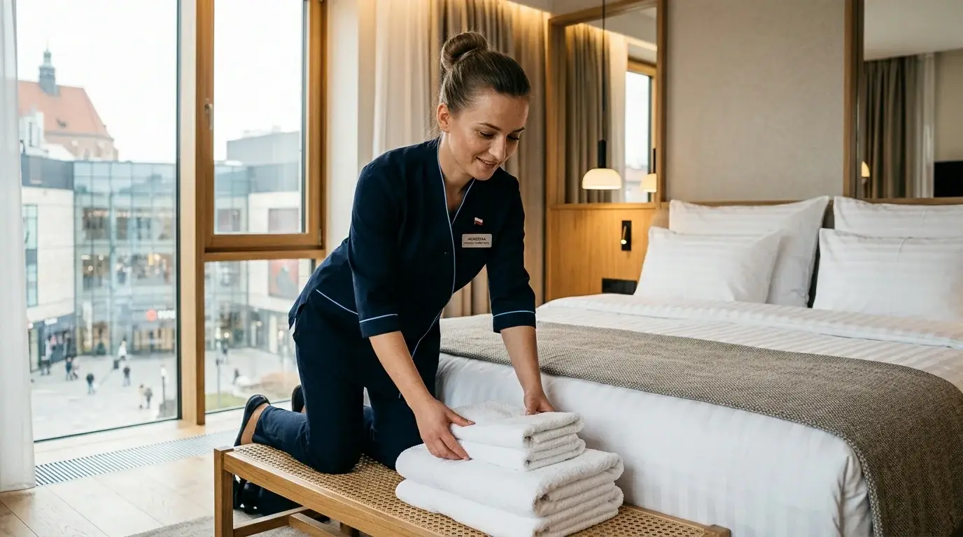 A hotel housekeeper kneeling at a bench beside a bed, arranging a stack of white towels in a room with large city-view windows.