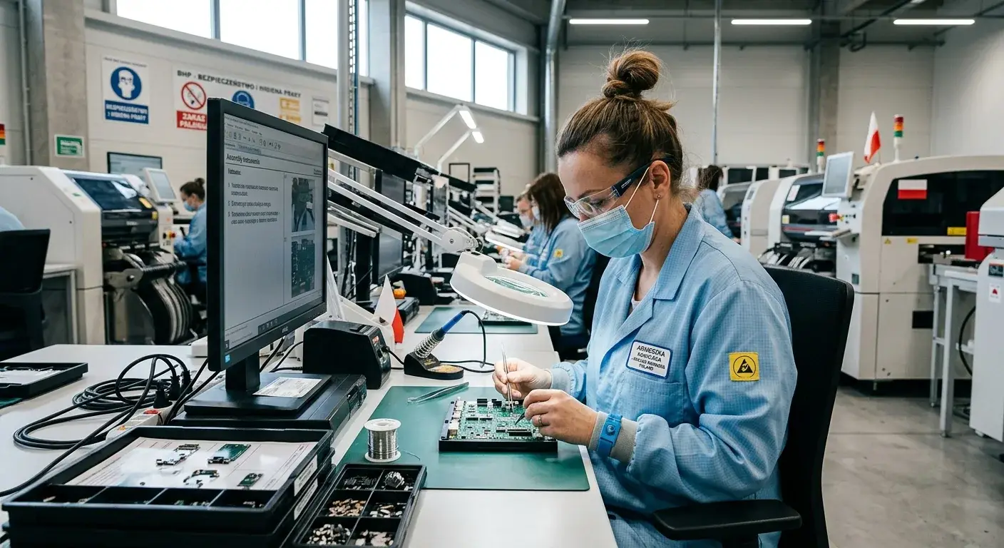 A worker in a blue anti-static coat, face mask and safety glasses soldering a circuit board under a magnifying lamp, with assembly machines behind.