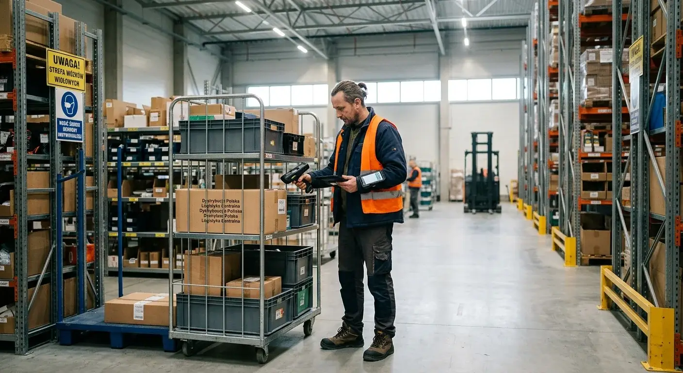 A warehouse worker in a high-visibility vest scanning goods on a roll-cage trolley between tall racking.
