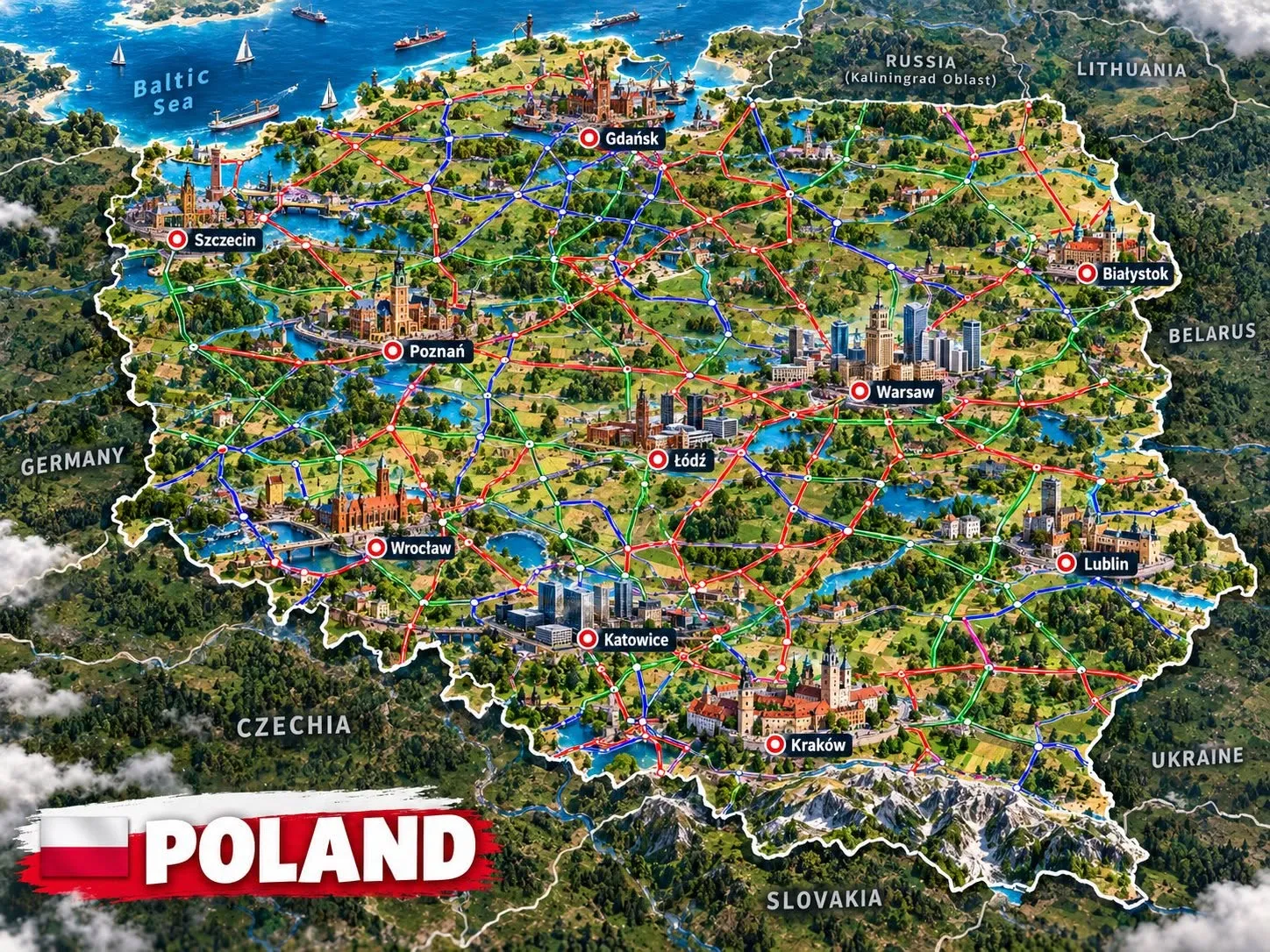 Illustrated map of Poland showing 10 labelled cities: Gdańsk, Szczecin, Poznań, Warsaw, Łódź, Wrocław, Katowice, Kraków, Lublin and Białystok. Select a city to read about its region.