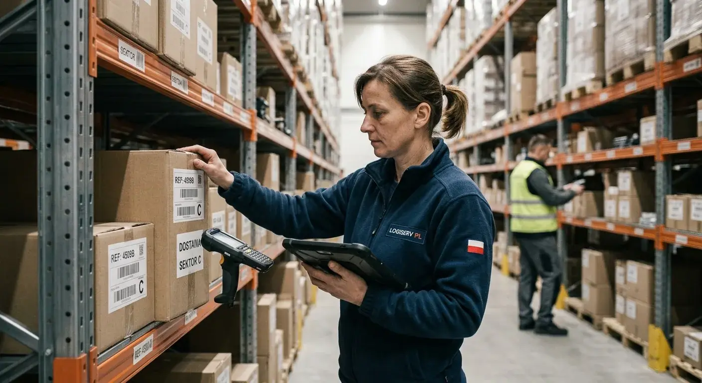 A warehouse worker holding a handheld scanner and a tablet while checking labelled boxes on tall racking, with a colleague in a high-visibility vest behind.